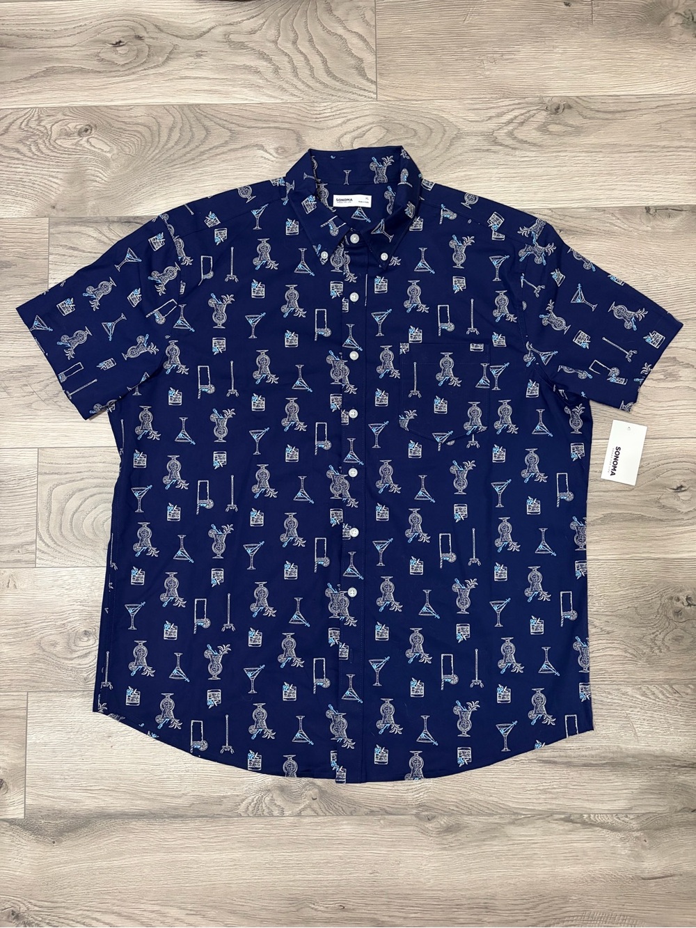 Sonoma Navy Short-Sleeve Button-Down with Cocktail Print